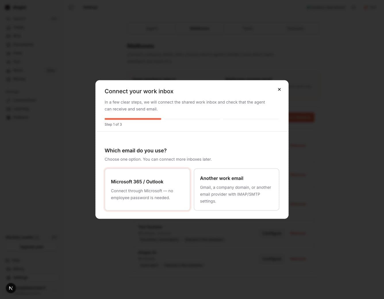 Choose Microsoft Outlook or another work email in the 4logist connection guide